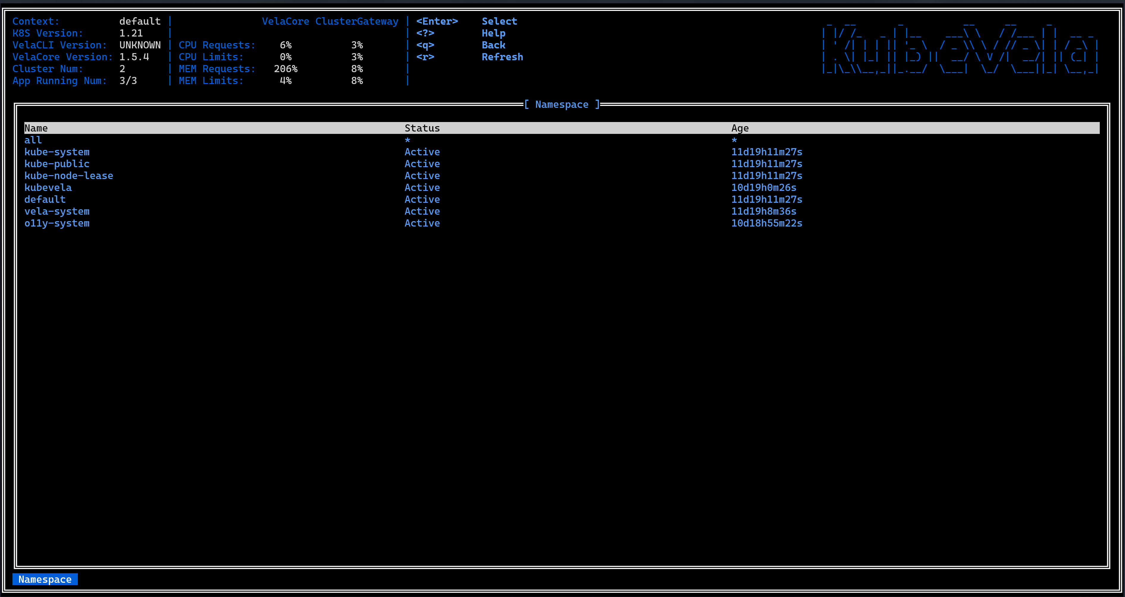 vela top app namespace