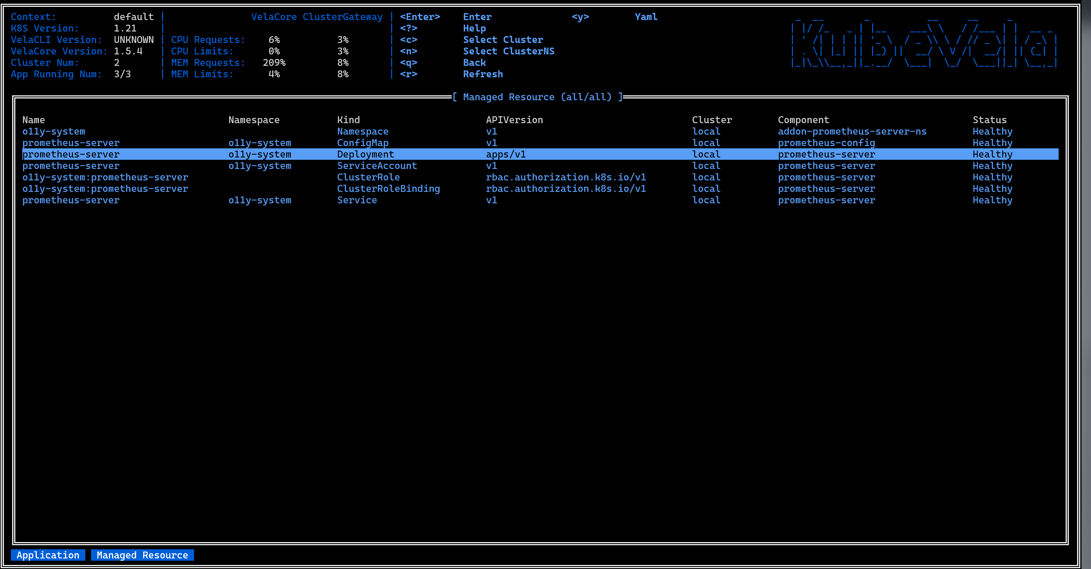 vela top managed resource view